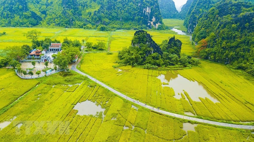 The gentle ride to the temple, passing tranquil paths lined with rice fields and towering karst mountains.