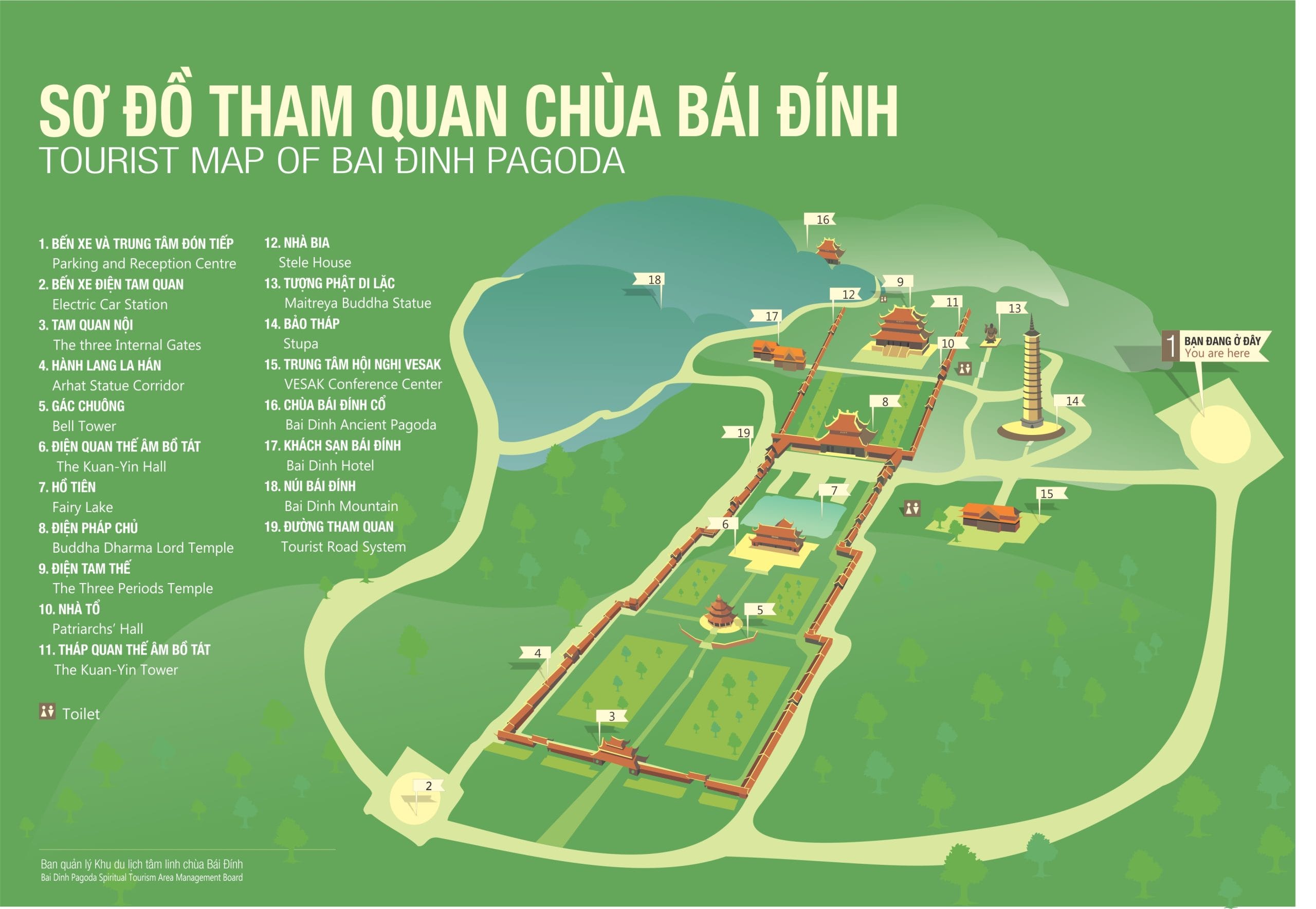 A sign clearly indicating that the general entrance to Bai Dinh Pagoda is free, while the Stupa requires a separate ticket.